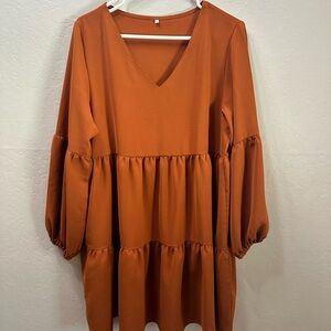 Chic Rust V-Neck Long Sleeve Dress